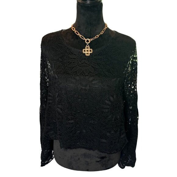 Xhilaration Black Lace Cropped Long Sleeve Blouse - Picture 1 of 7